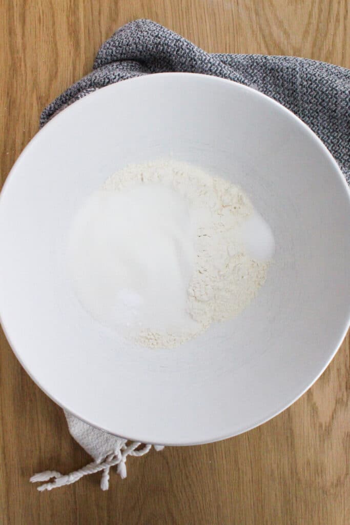 Dry Ingredients in a bowl for Peanut Butter Chocolate Cake