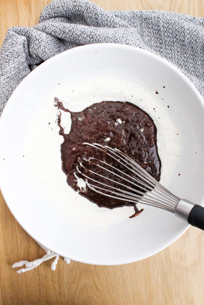 Mixing batter for Peanut Butter Chocolate Cake