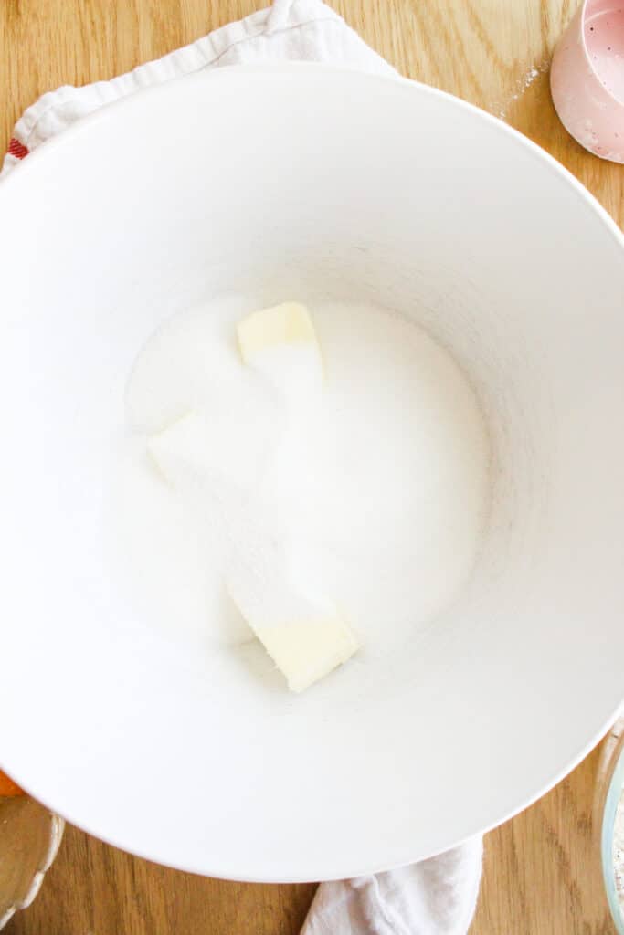 Butter and sugar in a bowl for Poppyseed Cookies
