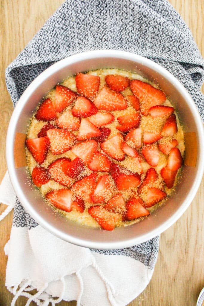Strawberry Cake in a pan with sugar on top
