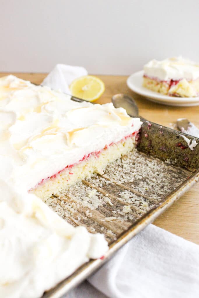 Sliced lemon raspberry sheet cake