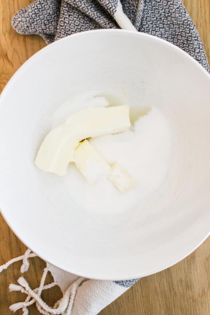Butter and sugar in a bowl for pistachio pound cake