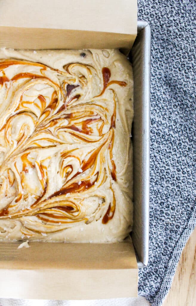 Salted Caramel Cake with caramel swirls before baking